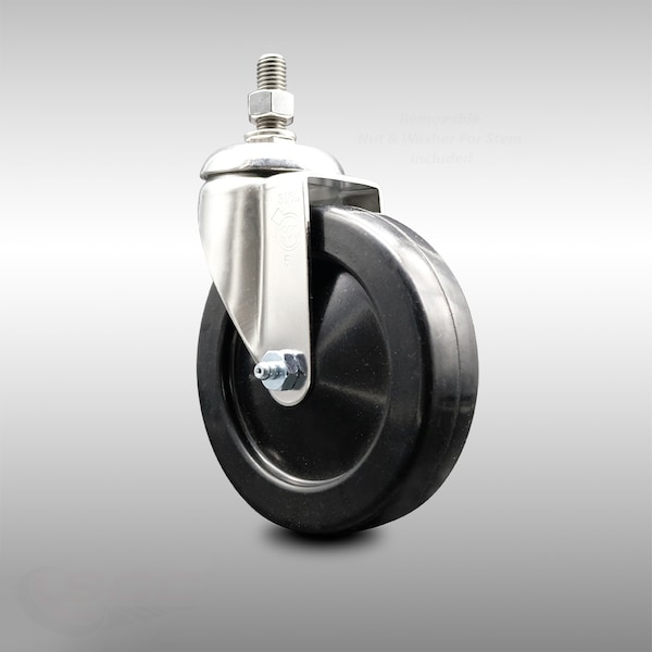 5 Inch 316SS Soft Rubber Wheel Swivel 1/2 Inch Threaded Stem Caster